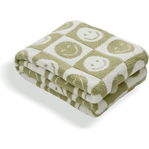 Baby Throw Blankets with Smiley Faces Checkered Reversible Soft Cozy Warm Blanket for Bed Sofa Travel (Grid Smile,Matcha Green,28"x40")