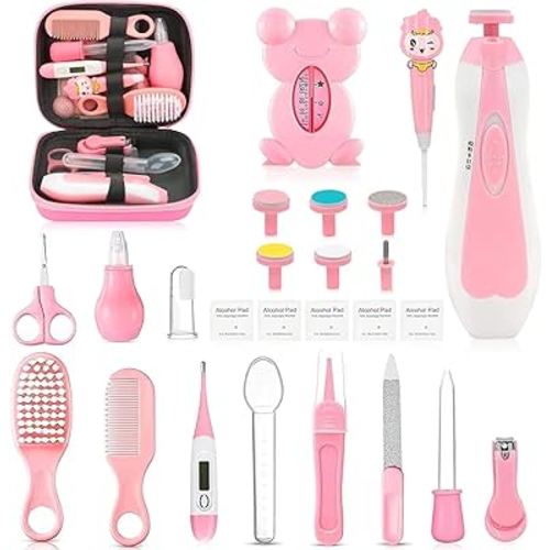 Baby Healthcare and Grooming Kit, 26 in 1 Portable Baby Safety Care Set with Hair Brush Comb Nasal Aspirator Electric Nail Trimmer Set Baby Essentials kit for Newborn Boys Girls (Pink)
