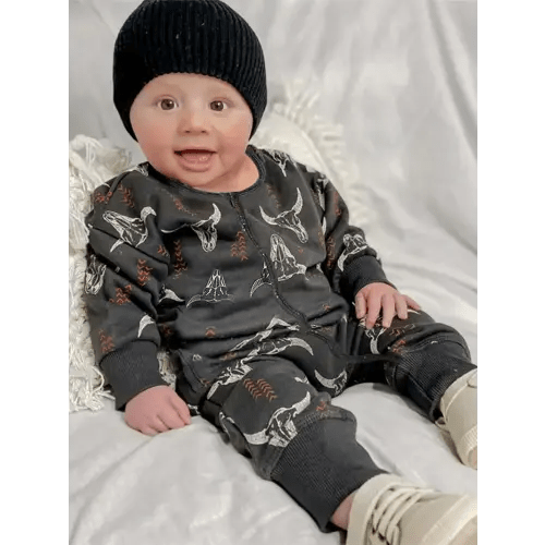 0-18 Months Western Baby Boy Clothes Cartoon Ox Head Print one-piece Jumpsuit Long Sleeve Zipper Romper Playsuit Infant Fall Winter Clothes Cowboy O