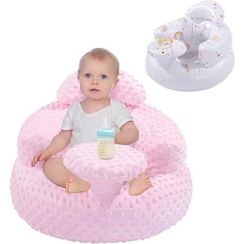 BALAPET Inflatable Baby Seat with Integrated Tray and Back Support for 3-36 Months Toddler, Soft Plush Baby Chair for Sitting Up, Blow Up Baby Floor Seat with Built in Air Pump(Pink)