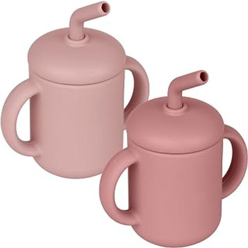 Silicone Baby Cups for 6-12 Months Toddlers - Pack of 2 Training Cups with Lids and Grip Handle for Baby Led Weaning, Unbreakable Trainer Cup (Blush/Mauve)
