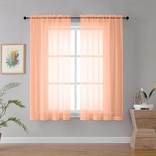 YHSF Sheer Curtains - 2 Panel Set Home Room Decor - Elegant Rod Pocket Solid Voile Drapes for Bedroom/Living Room, Window Treatments, Light Filtering - Set of 2, 54" W x 63" L, Peach