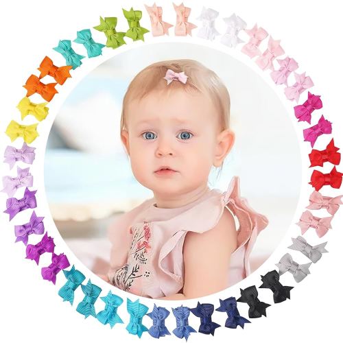 CÉLLOT 40Pcs Baby Snap Hair Clips Grosgrain Ribbon Tiny Baby Bows in 20 Colors for Infant Toddlers Fine Thin Hair (Dovetail Style)