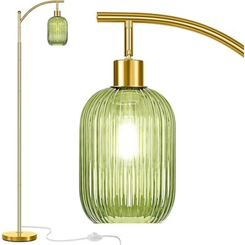 Glass Floor Lamp for Living Room, Modern Green Standing Lamp with Ribbed Glass Lampshade Foot Switch, 67” Tall Lamp for Bedroom Study Room