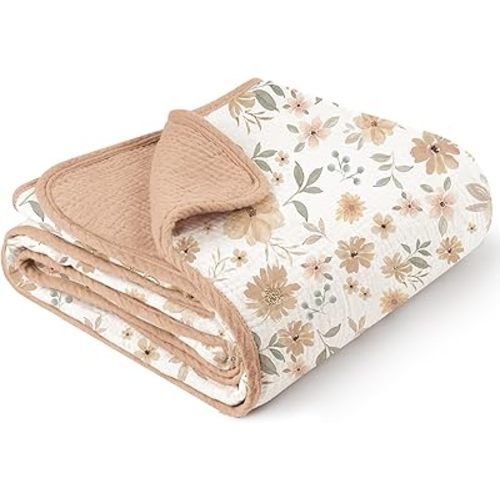 Konssy Muslin Baby Blankets for Girls, 100% Cotton Crib Blanket for Baby Infant Toddler, Super Soft and Lightweight Nursery Blankets 40"x36" (Flourish)