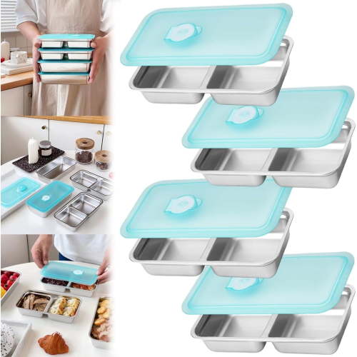 4-Pack Stainless Steel Food Storage Containers - Double Compartment Leakproof Lunch Box for Meal Prep Snacks Dips Dishwasher Microwave Safe