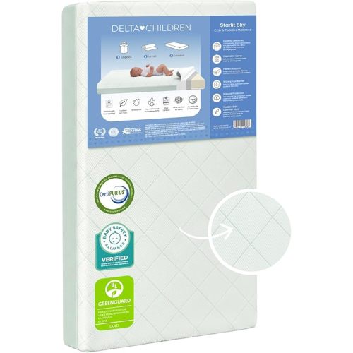 Delta Children Starlit Sky 2-Stage Crib and Toddler Mattress for Infants & Toddlers - Removable Machine Washable Mattress Cover - Waterproof - GREENGUARD Gold - Made in USA, Green