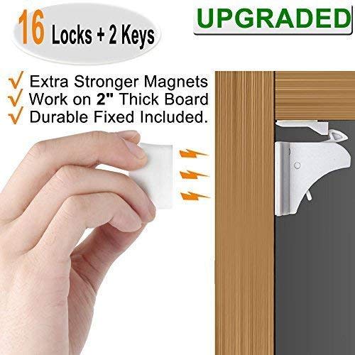 16 Pack Child Safety Magnetic Cabinet Locks - Vmaisi Children Proof Cupboard Baby Locks Latches - Adhesive for Cabinets & Drawers and Screws Fixed for Durable Protection - Standard - 16.0