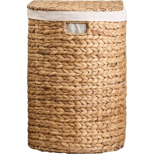 Woven Laundry Basket with Lid - Large Wicker Hamper with Lid for Clothes Storage - Round Rattan Laundry Hamper - Water Hyacinth Storage Basket with Lid (Natural Brown, 16.9 x 13.8 x 20.5 in)