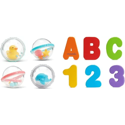 Munchkin® Float & Play Bubbles™ Baby and Toddler Bath Toy, 4 Count & ® Learn™ Bath Letters and Numbers 36pc Toddler Bath Toy
