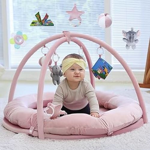 Hiseeme 5-in-1 Baby Play Gym Mat, Thick Baby Activity Gym for 0-6 Months, Tummy Time Mat with 5 Sensory Toys for Newborn Development, Baby Playmats for Infant with Non-Slip Foam Padding (Pink)