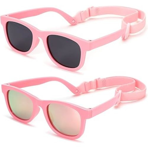 NULOOQ Flexible Polarized Baby Sunglasses with Strap Adjustable for Toddler & Newborn Infant 0-18 Months - B1* (Pink/Pink Mirrored + Matte Pink/Gray ) - 2 Pack - 40 Millimeters