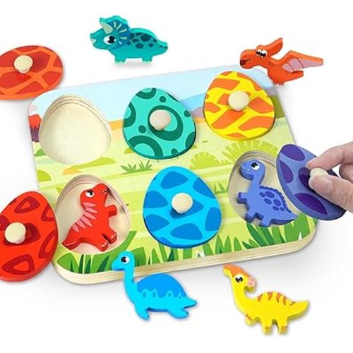 Easter Basket Stuffers Essential Dinosaur Wooden Peg Puzzle for Toddler Baby 1-3, Montessori Toy Airplane Travel Activities Learning Color Sorting Preschool Educational Toy Gift for Boy 1 2 3 Year Old