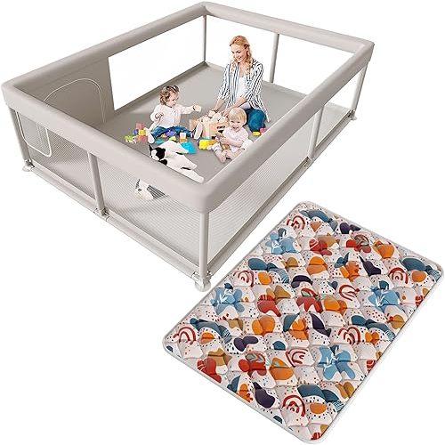 65 x 50 Inch Baby Playpen with Mat, PlayPen for Babies and Toddlers, Sturdy Safety Play Yard for Indoor & Outdoor with Zipper Gates