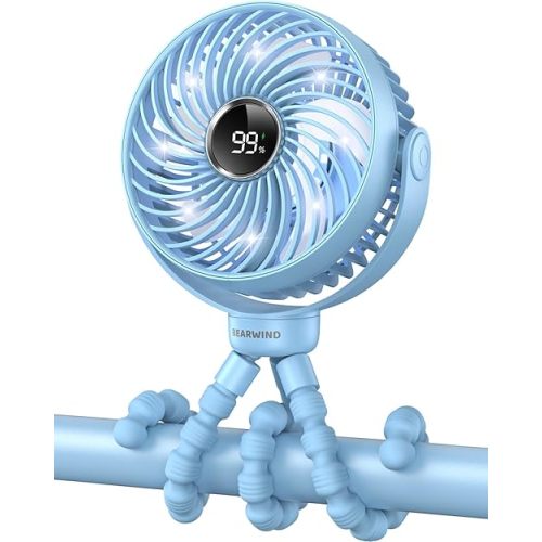 Portable Stroller Fan for Travel, LED Night Light Clip on Fans Operated by Rechargeable Battery, Cordless Fan with Tripod Car Seat Baby Pram (Blue)
