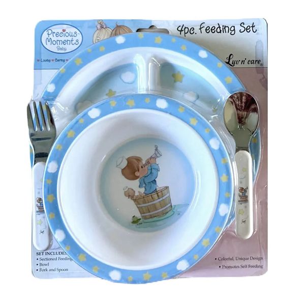 Precious Moments Baby Toddler Mealtime Feeding Gift Set Child 4PC Pink Girl or Blue Boy Divided Plate Bowl with Fork & Spoon - Baby Shower Gift