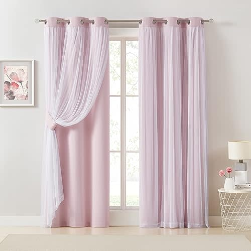 Pink Blackout Curtains with Sheer Overlay Mix and Match Double Layer 80% Room Darkening Window Treatment Set for Girls Bedroom Living Room Pink Drapes with Tiebacks Grommet Top 37" Wx84 Lx2