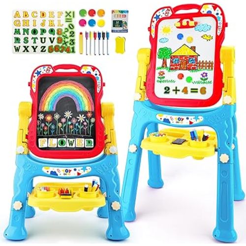 STEAM Life 4-in-1 Double-Sided Kids Art Easel, Adjustable, Blue & Red