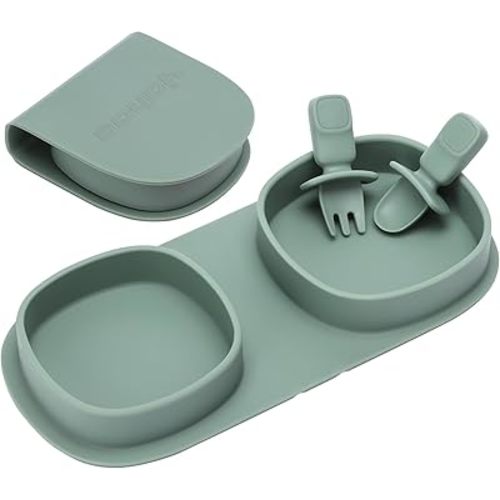 Toddler Plates Travel Essential on the go,Baby Plates with Forks and Spoons Self Feeding 6 months,Foldable,Silicone,BPA Free,Sage