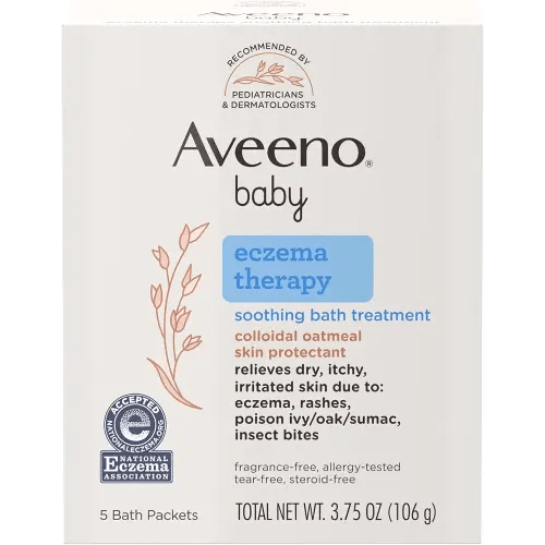 Aveeno Baby Eczema Therapy Soothing Bath Treatment for Relief of Dry, Itchy & Irritated Skin, Made with Natural Colloidal Oatmeal, Fragrance-, Paraben-, Steroid- & Tear-Free, 5 ct