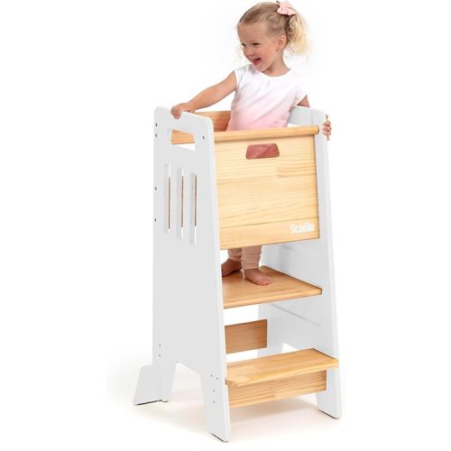 Toddler Tower with a Sliding Door and 3 Adjustable Heights - Complete Toddler Kitchen Stool Helper with Support Feet - Safe Design for 18+ Months to 6-Year-Old Kids - White