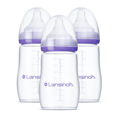 Lansinoh Anti-Colic Baby Bottles for Breastfeeding Babies, 8 Ounces, 3 Count, Includes 3 Medium Flow Nipples, Size M