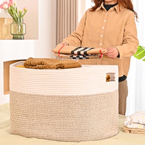 ICERZCZ Extra Large Blanket Basket for Living Room, Rectangle Woven Cotton Rope Storage for Blankets, Toys, Clothes, Shoes, 25”x16”x16”, Off White & Brown, 108L