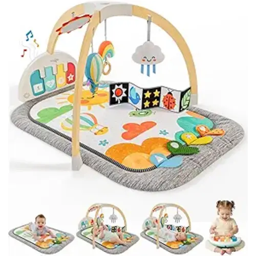 Move2Play, Montessori Inspired Wooden Kick & Play Baby Gym | Musical Piano | Tummy Time Activity Center | Play Mat for Newborns & Infants | Toys for Ages 0-6+ Months (Sky)