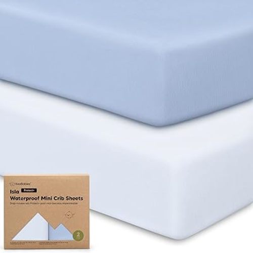 2-Pack Waterproof Pack and Play Sheets, Mini Crib Sheets Fitted for Boy, Girl - 38 x 26 Viscose from Bamboo Pack N Play Mattress Sheets for Graco, Toddler Playard Baby Crib Sheets Neutral (Blue Flax)