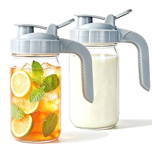 Glass Pitcher With Lid 32 OZ 2 Pack Mason Jar Breast Milk Storage with Pour Spout Airtight & Leakproof 1 Quart Wide Mouth Water Jug With Flip Cap For Cold Brew Coffee Iced Tea Sun Tea Lemonade Juice