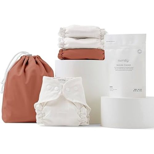 Esembly Cloth Diaper Try-It Kit, Starter Gift Set, Includes 3 Organic, Reusable Diapers Inners, 1 Stylish Outer, Patented Detergent & Wet Bag - Earth-Friendly Diapering, Clay, Size 2 (18-35lbs)