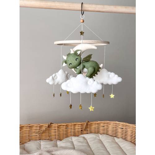 Baby dragon baby mobile Crib mobile with dragon, stars and clouds Felt mobile Dragon nursery