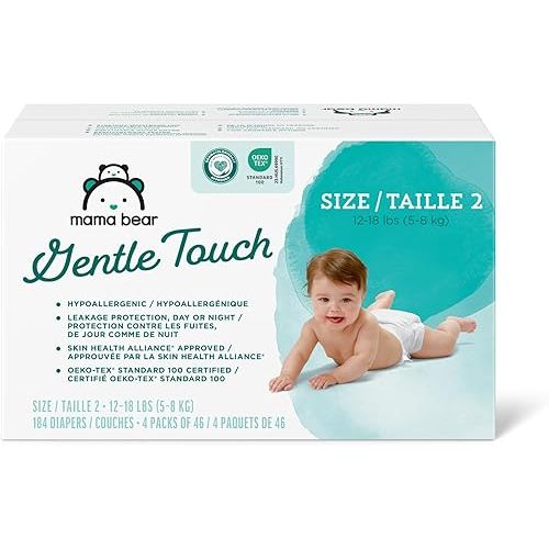 Amazon Brand - Mama Bear Gentle Touch Diapers, Hypoallergenic, Size 2, 184 Count (4 packs of 46), White