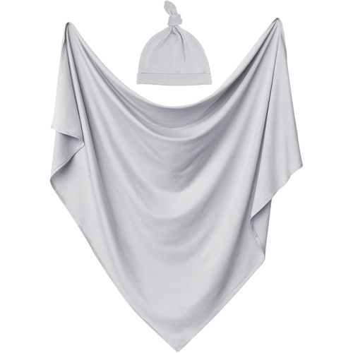 OWLOWLA Swaddle Blanket and Hat Set Newborn Swaddle Wrap Baby Receiving Blanket for Baby Boys Girls(Light Grey)