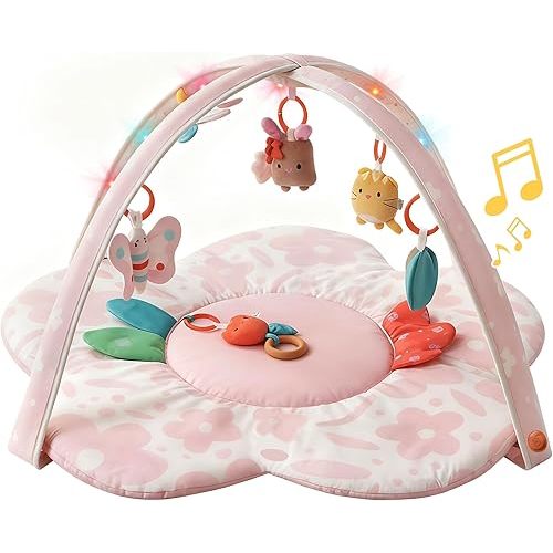 Baby Play Gym & Activity Mat with Light-up Musical Arch, Washable Tummy Time Mat with 6 Detachable Sensory Toys for Motor Skills, Baby Essentials Shower Gift - Updated Spring Blossoms Themed