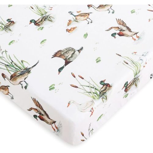 Play Yard Sheets for Baby Unisex - Muslin Fitted Crib Sheets Toddler Bed Sheet, 70% Viscose from Bamboo and 30% Cotton, Fits Mini Crib & Pack and Play Playard, Mallard Duck, 26in x 38in