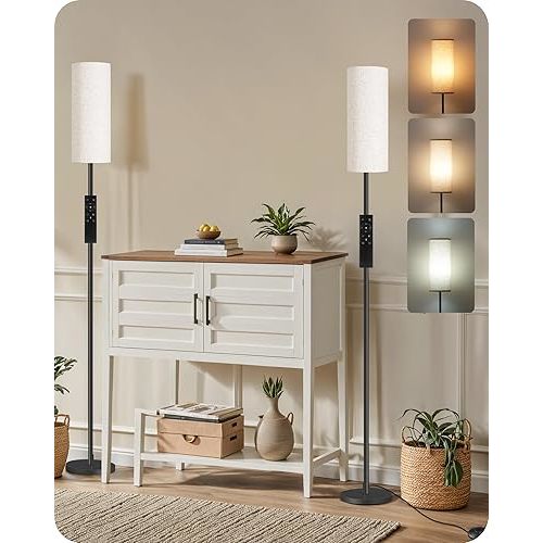 Set of 2 Dimmable Floor Lamps for Living Room with 2 Remotes and Foot Switch, 64.4”Modern Standing Tall Lamp, Corner Lamp for Bedroom, Bulb Included, 3000K-6500K, Beige Shade E06LDP205W1