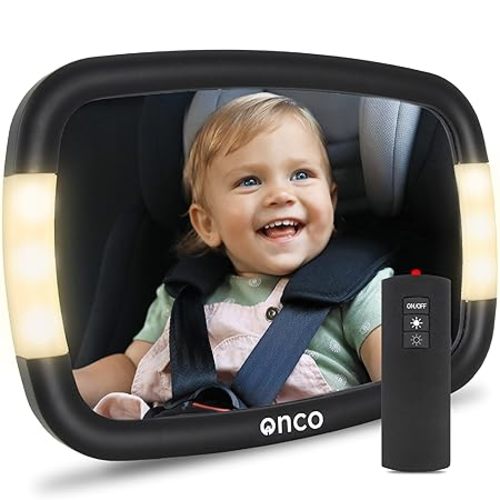 Onco LED Baby Car Mirror with Light - 2 Modes for Day & Night Driving, 100% Shatterproof Baby Mirror for Car, 360° Car Mirror for Baby, Universal Car Seat Mirror for Baby Rear Facing, NEW & IMPROVED