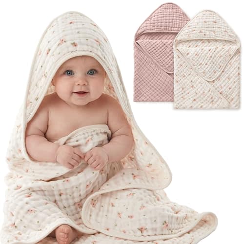 Blissful Diary Muslin Baby Hooded Towel 2 Pack, Soft & Absorbent Bath Towel for Baby Girls, Infant Gift, Newborn Essentials, Pink Floral & Light Pink