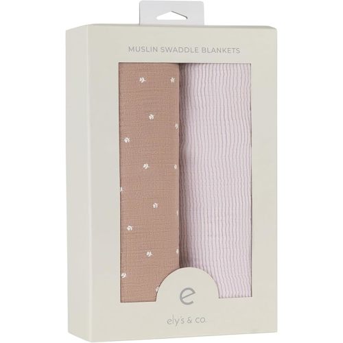Ely's & Co. Muslin Swaddle Blanket 2-Pack — 100% Cotton Muslin Extra-Large Swaddle Blankets (47” x 47”) White Tulip on Pink + Stripes