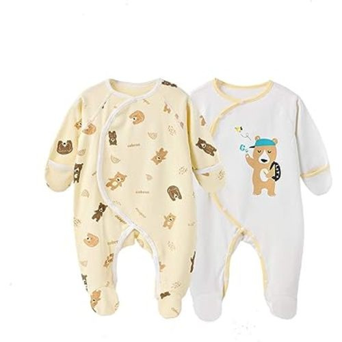 COBROO Unisex Baby Footed Pajamas for Sleep and Play, 100% Cotton Infant Footie Unionsuit with Built-in Mittens 0-3 Months