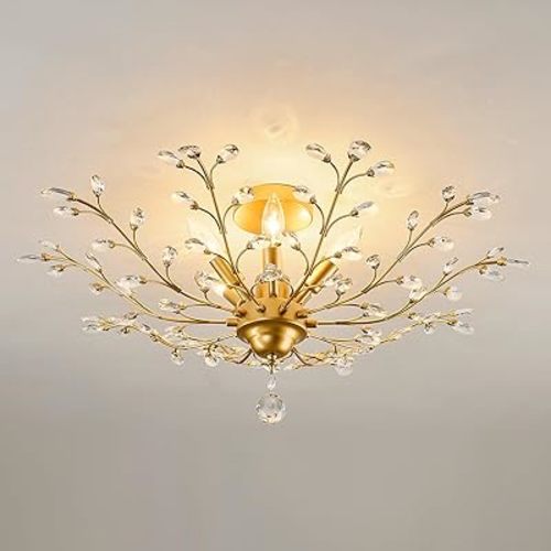 CVKASH 5-Light Vintage Small Crystal Chandelier Modern Brushed Gold Branche Ceiling Light Fixture Farmhouse for Kitchen Dining Room Living Room Bedroom Hallway Foyer