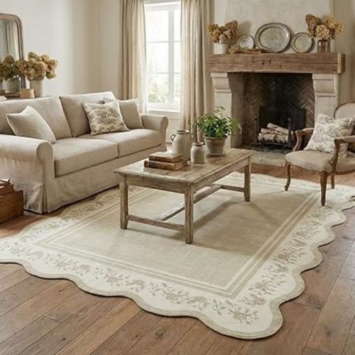 Garvee Scollaped Rugs for Living Room 5x7 Area Rugs for Bedroom Non-Slip Low Pile Neutral Kids Rug Soft Non-Shedding Bordered Nursery Carpet Foldable Thin Mat for Dining Room Kitchen Playroom Beige