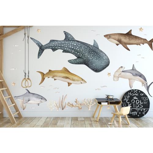 Large Sharks Watercolor Decals Kids, 5 Sharks and Seaweed Great White Shark Under Sea Set Wall Stickers for Ocean themed Boy Playroom