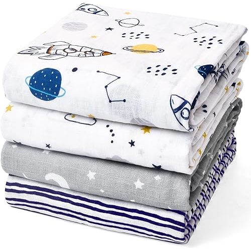david's kids 4 Pack Baby Muslin Swaddle Blankets, 100% Cotton Swaddling Blankets Wrap for Boys Girls, Ultra Soft Breathable Receiving Blanket, New Born Essentials, Space/Stars/Wave