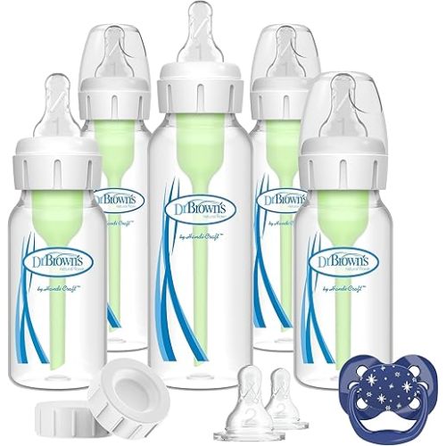 Dr. Brown's Natural Flow Anti-Colic Options+ Narrow Baby Bottle Gift Set with Advantage Pacifier, and Bottle Travel Caps