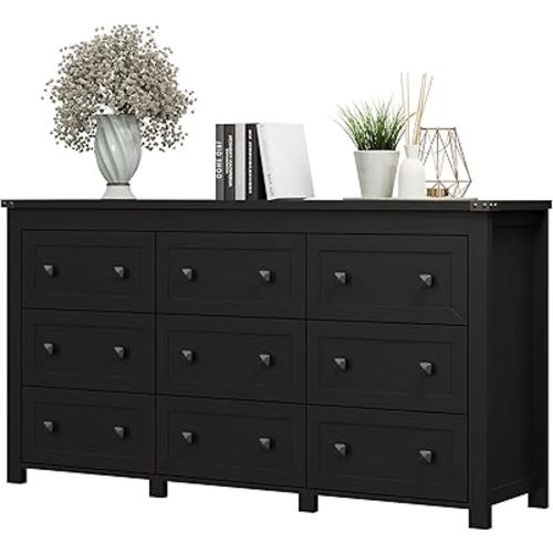 Dresser for Bedroom with 9 Drawers, Farmhouse Wood Chest of Drawers, Wide TV Stand Closet Storage Furniture with Metal Handle, Modern Clothes Organizer for Hallway, Living Room, Entryway, Black