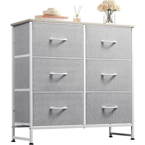 WLIVE Fabric Dresser for Bedroom, 6 Drawer Double Dresser, Storage Tower with Fabric Bins, Chest of Drawers for Closet, Living Room, Hallway, Light Grey