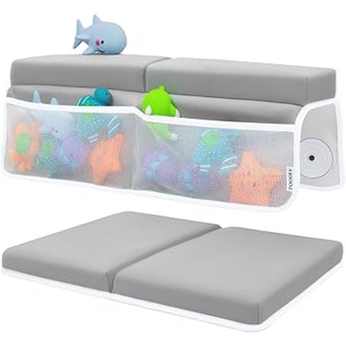 Baby Bath Kneeler and Elbow Rest Pad Set - Baby Bath Support for Knees and Elbows - Bath Kneeler Pad with Memory Foam and Bath Toys Organizer - Ideal Bath Kneeling Pad for Bathing Baby - Grey