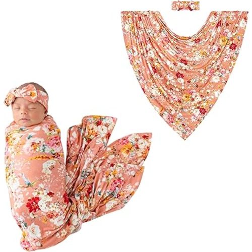 Posh Peanut Swaddle Blanket & Headband Set – Viscose from Bamboo Stretchy Baby Swaddle for Newborn Girls, Receiving Blanket or Nursing Cover